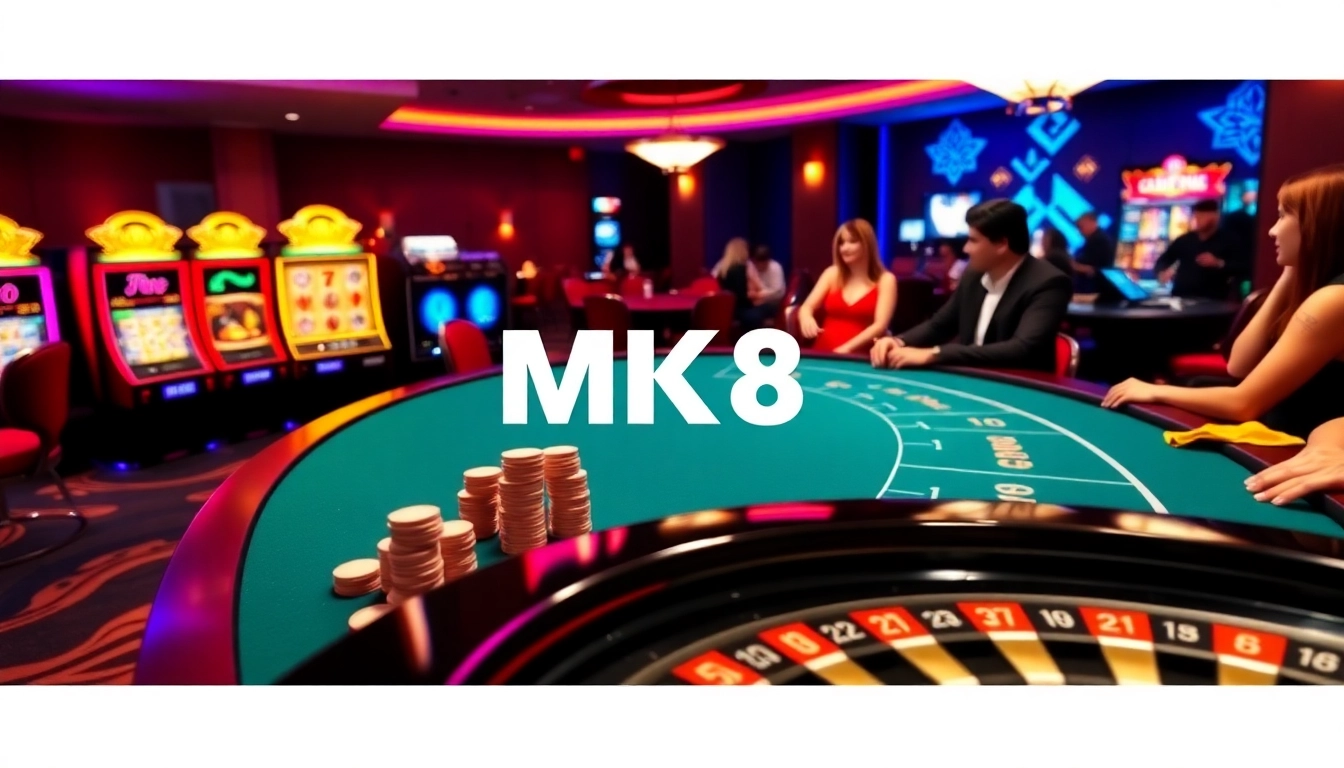 Exciting online gambling scene featuring MK8 casino elements like poker tables and vibrant slot machines.