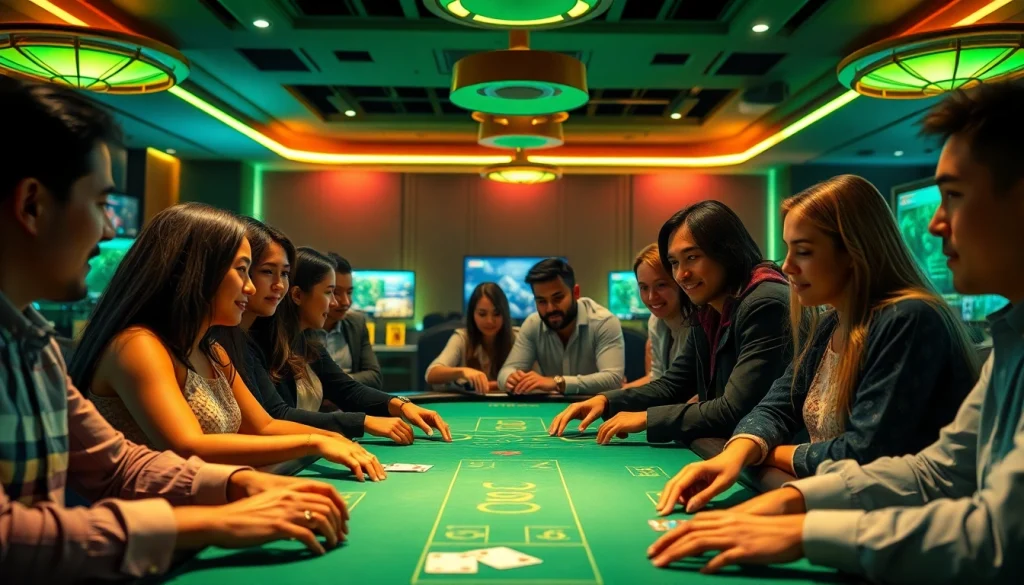 Online casino gaming scene at ev88win.live with players at a poker table, vibrant atmosphere.