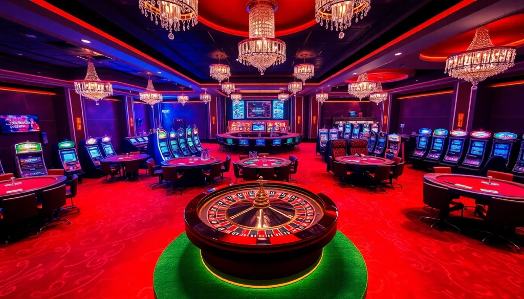 A lively Hitclub casino scene showcasing roulette tables, colorful slot machines, and eager players immersed in the action.
