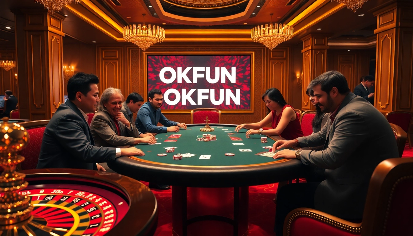 Engage in the excitement of OKFUN at a luxurious poker table surrounded by eager players.