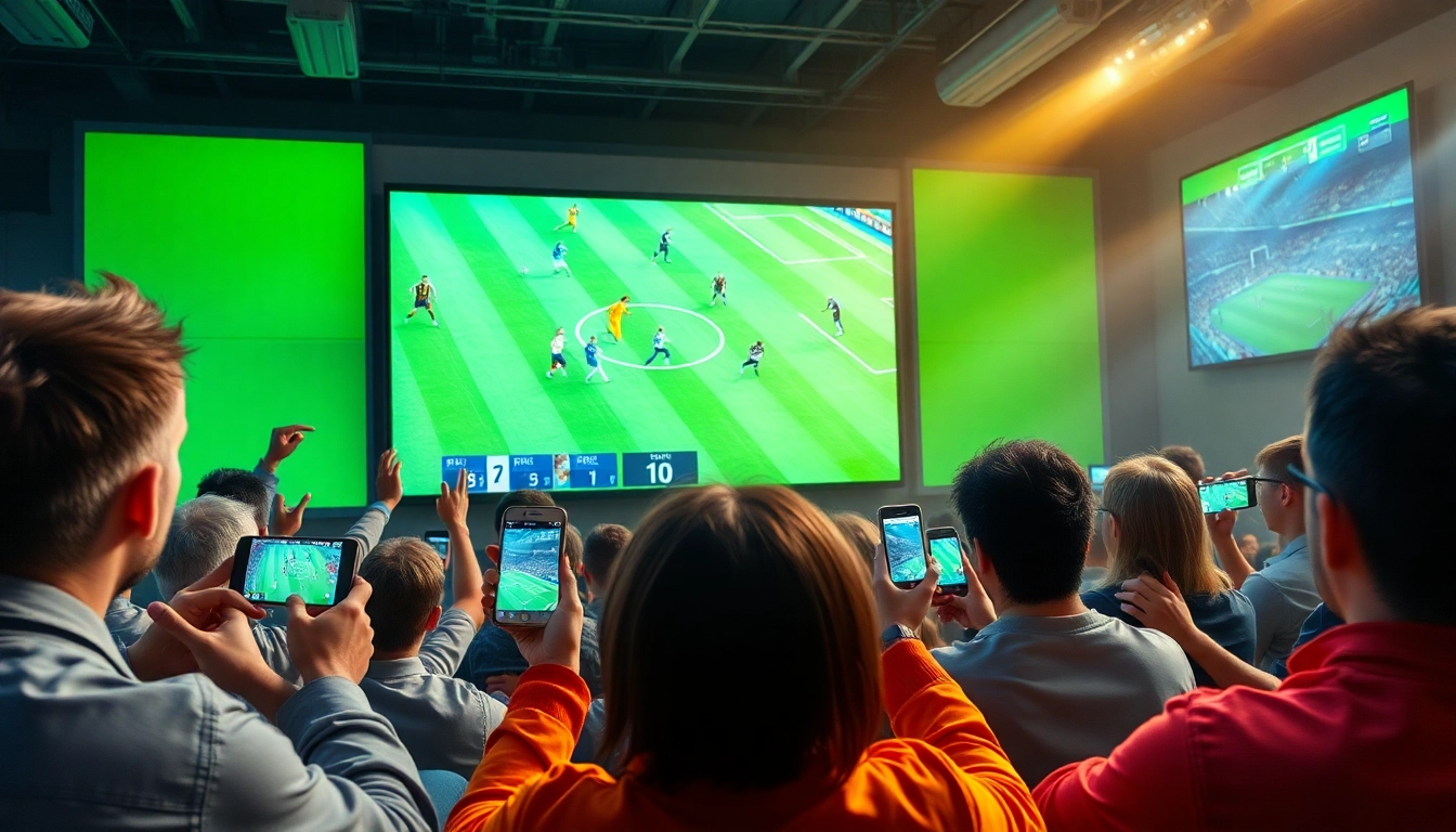 Exciting live football action on https://vaoluoitv.it.com with fans engaging through digital devices.