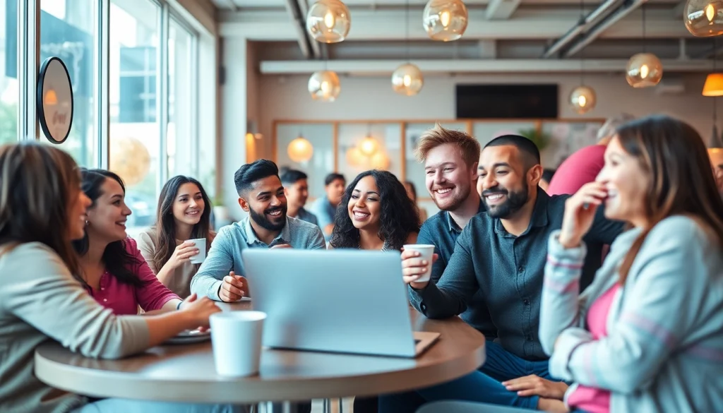 Engaging community scene at a cafe showcasing connections among singles and couples, emphasizing OKFUN COM's inclusive dating vibe.