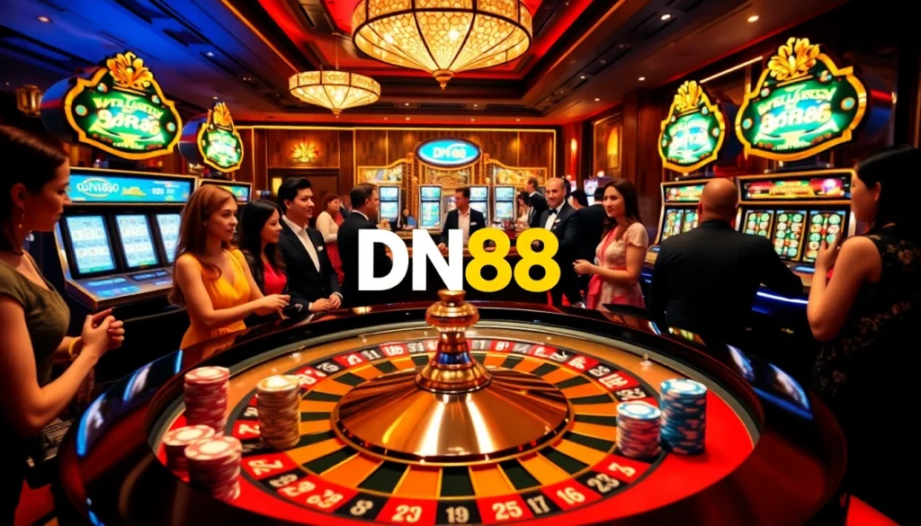 Experience thrilling gameplay at DN88 casino with colorful roulette and vibrant slot machines.