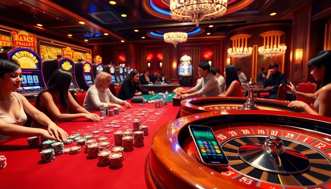 Experience thrilling gameplay with link vào gg88, featuring excited players, poker chips, and a roulette wheel.