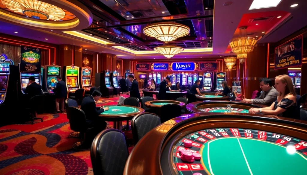 Kuwin's vibrant casino scene with players at tables and bright slot machines.