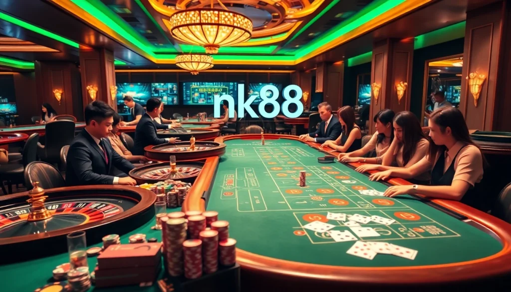 Experience the excitement of nk88 at a luxurious casino table filled with vibrant gaming elements.