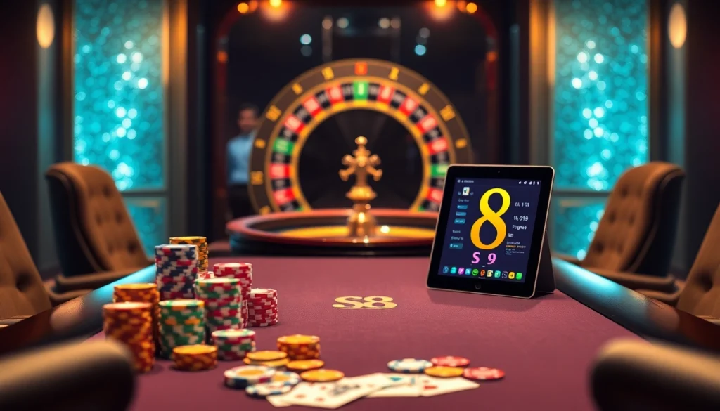 Experience the excitement of S8 gambling with vibrant poker chips and cards at a luxury casino table.
