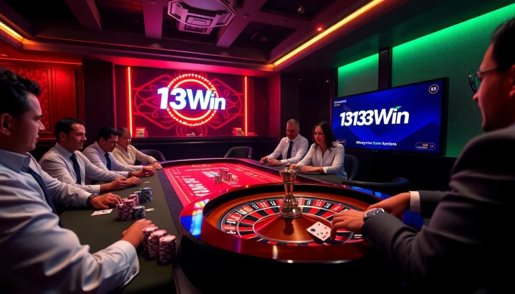 Experience the thrill of playing poker at 13Win, featuring vibrant chips and a modern digital interface.