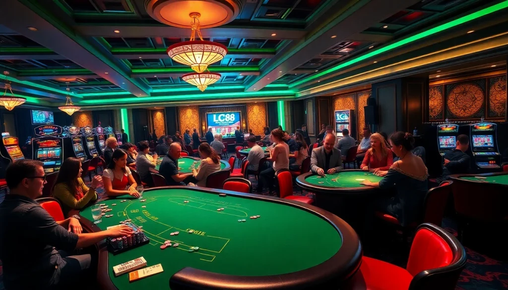 Engaging scene of high-stakes gambling with LC88 branding on stylish tables and vibrant slot machines.