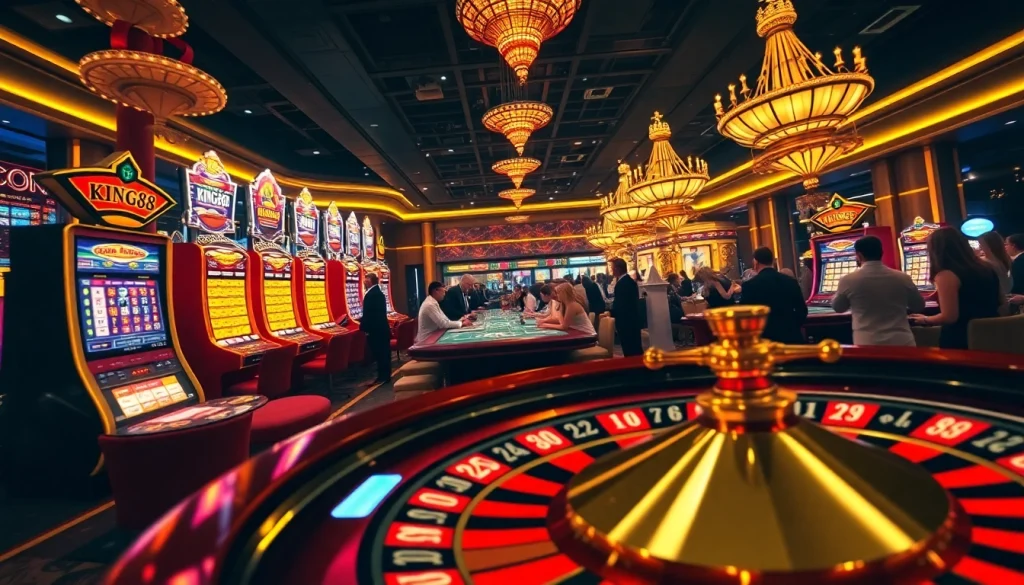 Experience the thrill of gaming at KING88 casino with a vibrant scene featuring roulette and poker.