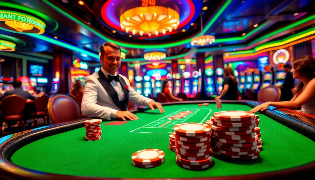 Kp88 poker chips emphasize excitement in a luxurious casino environment featuring tables and slot machines.