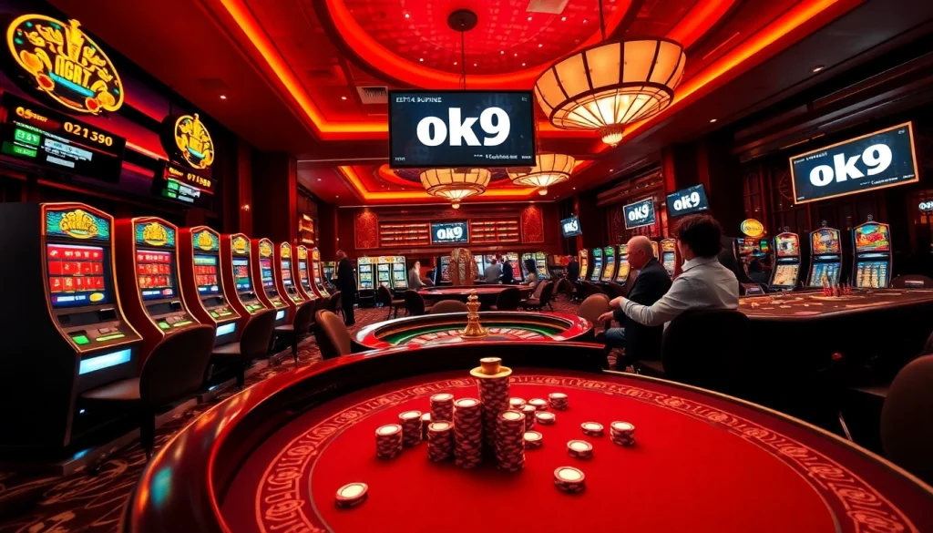 Players delight in thrilling casino games at OK9, with vibrant slot machines and roulette tables.