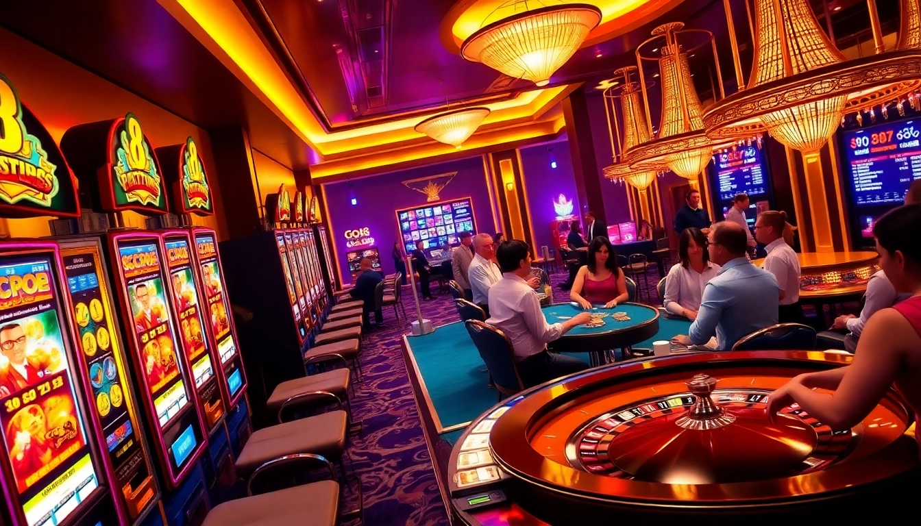 Casino scene showcasing GO8 players enjoying poker and slot machines in an exciting atmosphere.