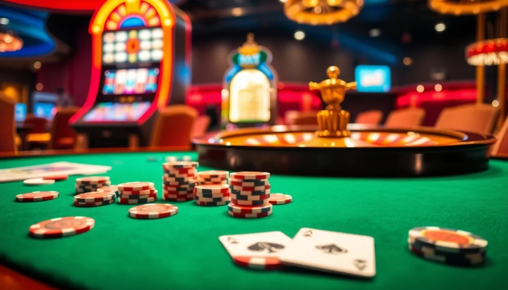 Experience thrilling gameplay at a casino table featuring rr99 poker chips and vibrant decorations.