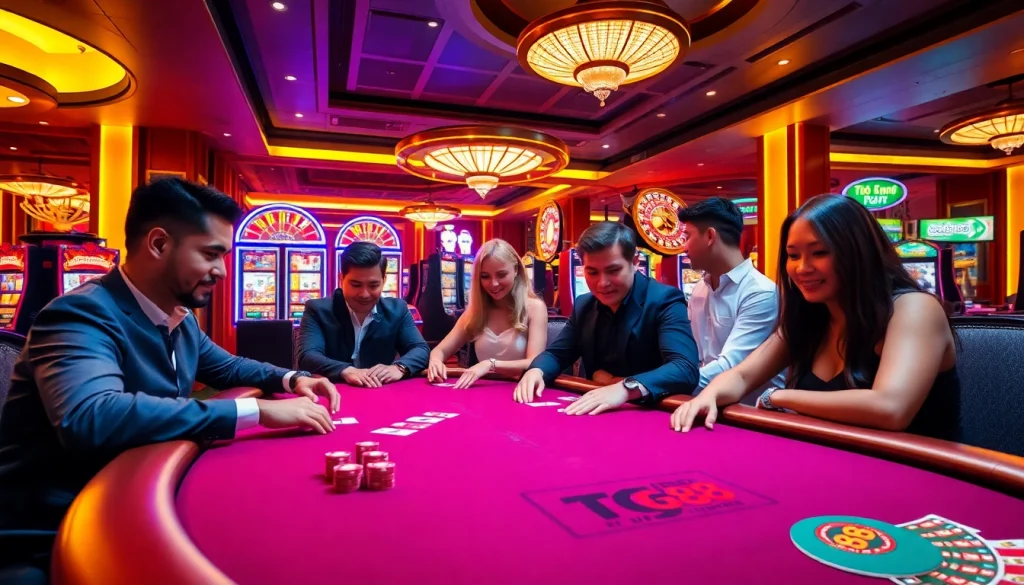 TG88 casino scene featuring vibrant poker table with chips, cards, and engaging players immersed in thrilling gameplay.