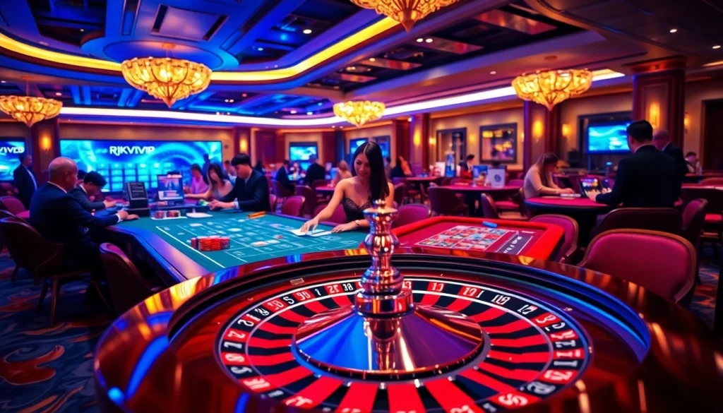 Tác giả RIKVIP engaging players at a vibrant casino table game with chips and cards