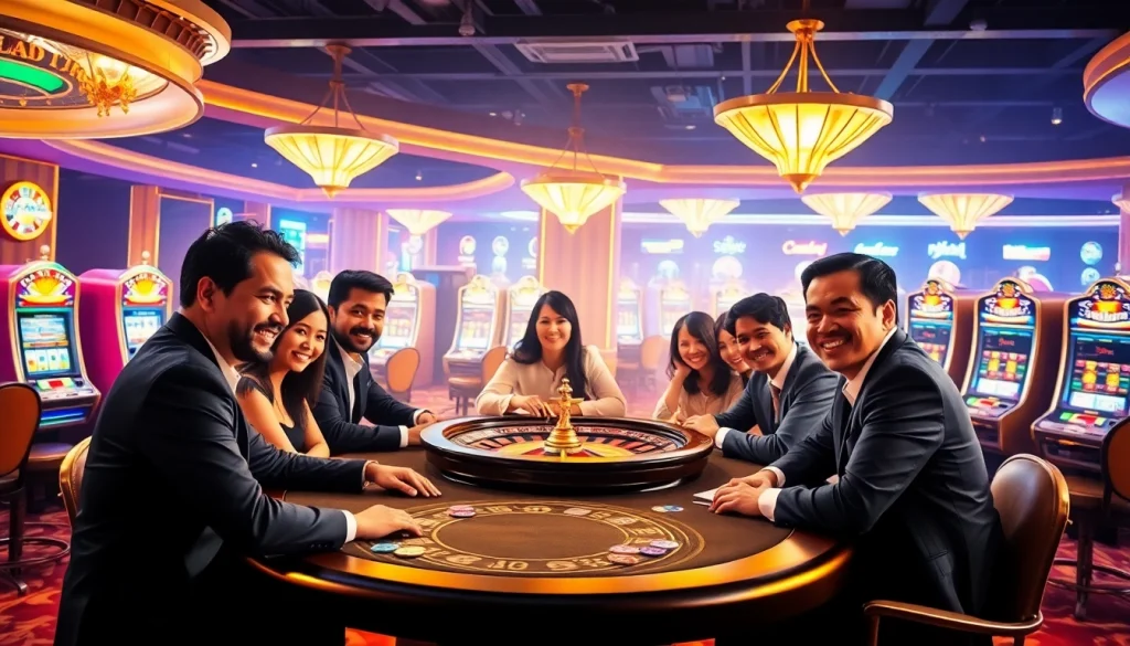 Tác giả Trần Chinh enlightens gamblers in a lavish casino with vibrant gameplay.