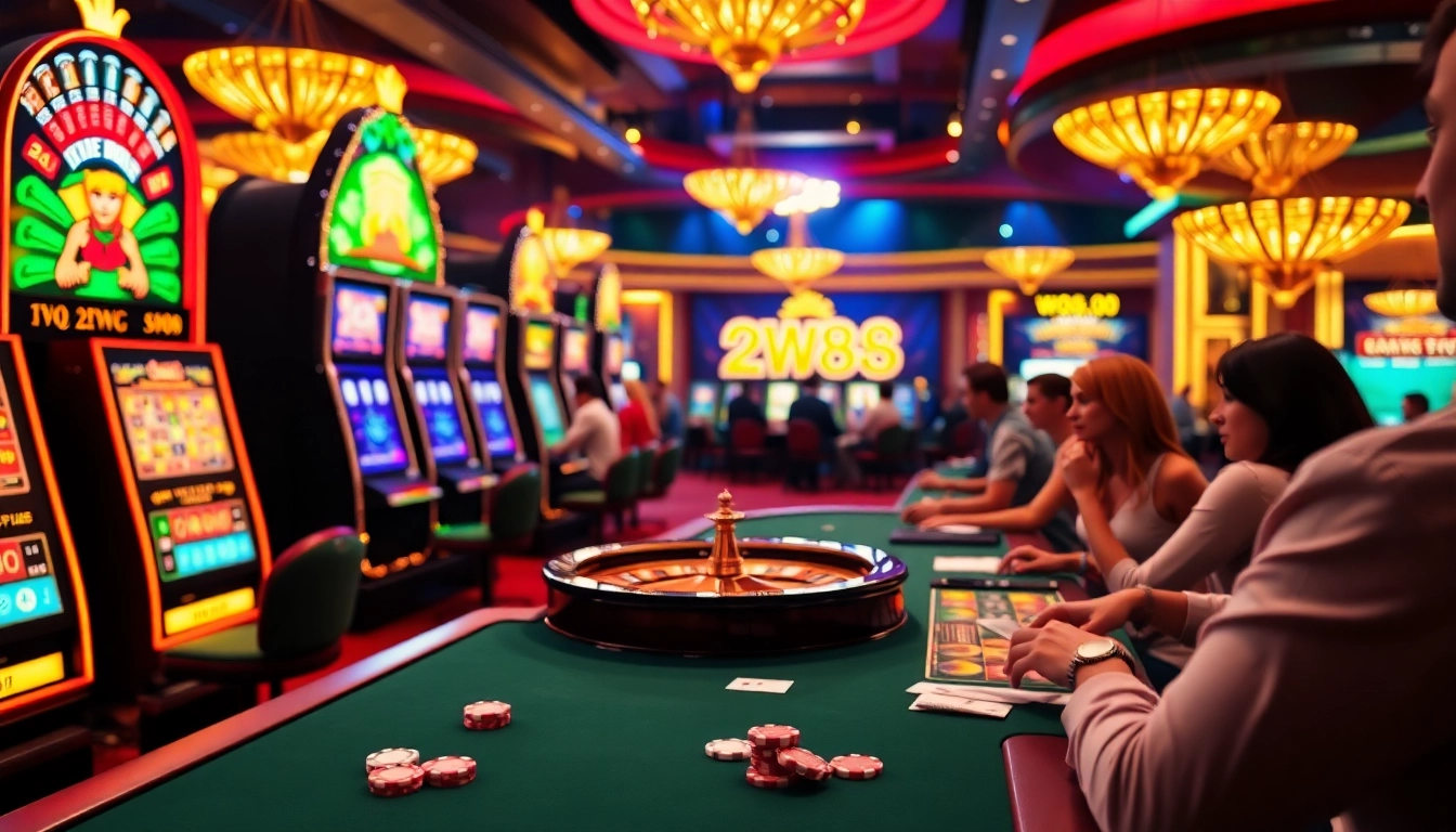 Exciting gameplay at ww88 casino with vibrant slot machines and eager players.