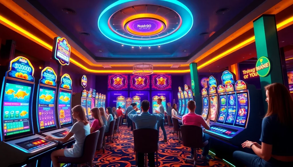 Nohu90 online gaming platform showcasing vibrant slot machines and live dealer interactions.