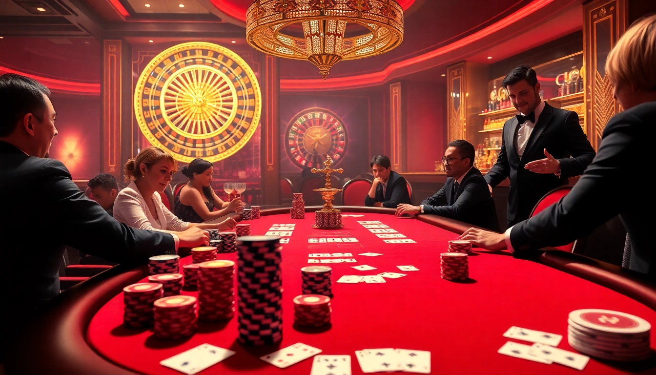 Players enjoying poker at a luxurious casino table, highlighting 88vv.marketing's exciting gaming experience.