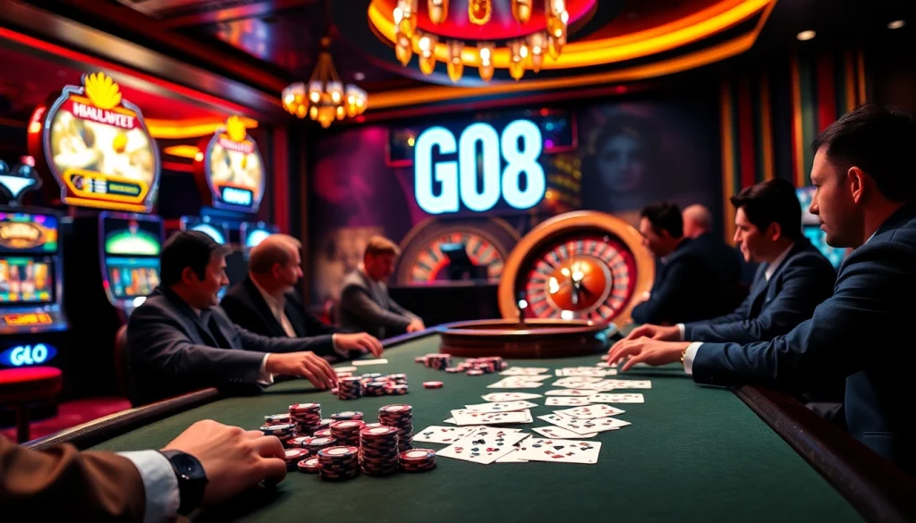 Players engaging at a GO8 poker table in a luxurious casino setting, showcasing excitement and strategy.