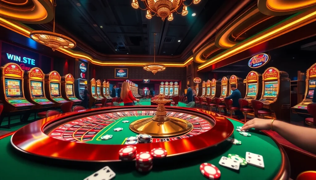 Exciting Luckywin gaming scene featuring roulette, slot machines, and eager players placing bets.
