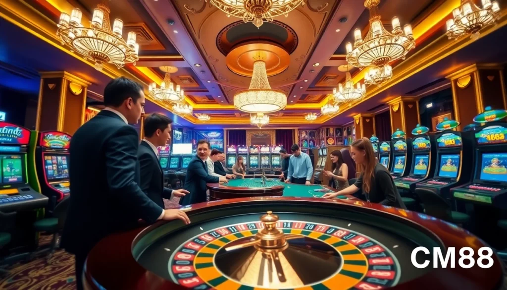 Experience thrilling gambling action at a casino with CM88-inspired roulette and slot machines.