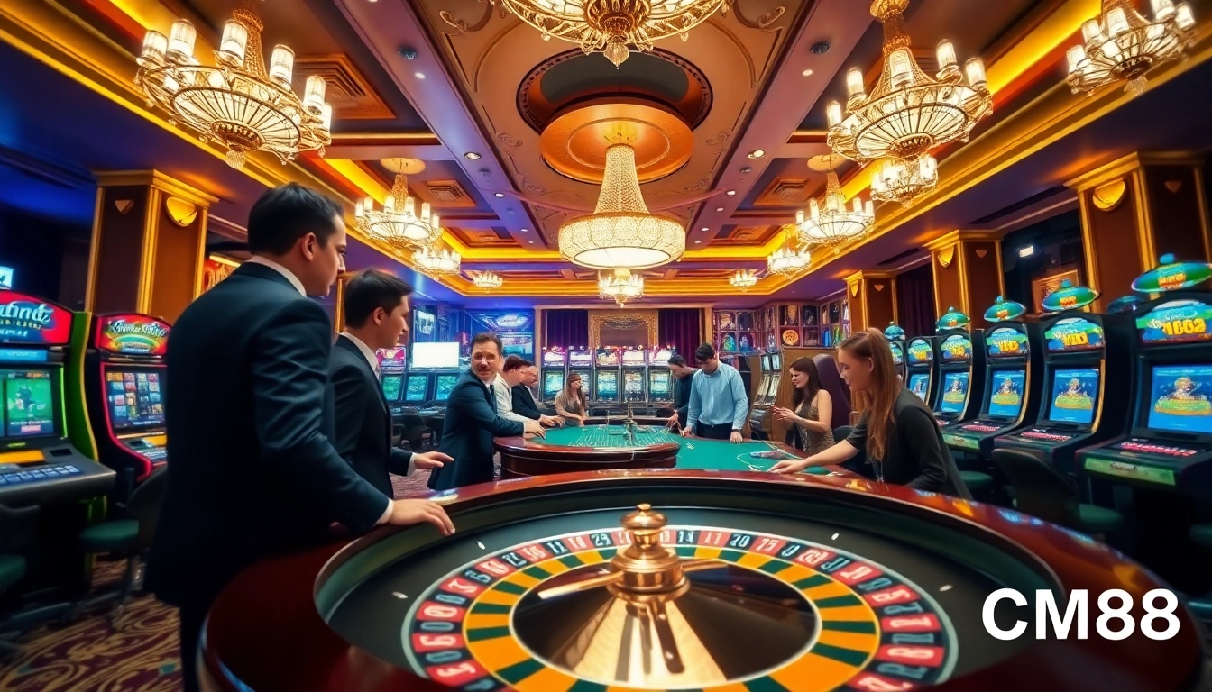 Experience thrilling gambling action at a casino with CM88-inspired roulette and slot machines.