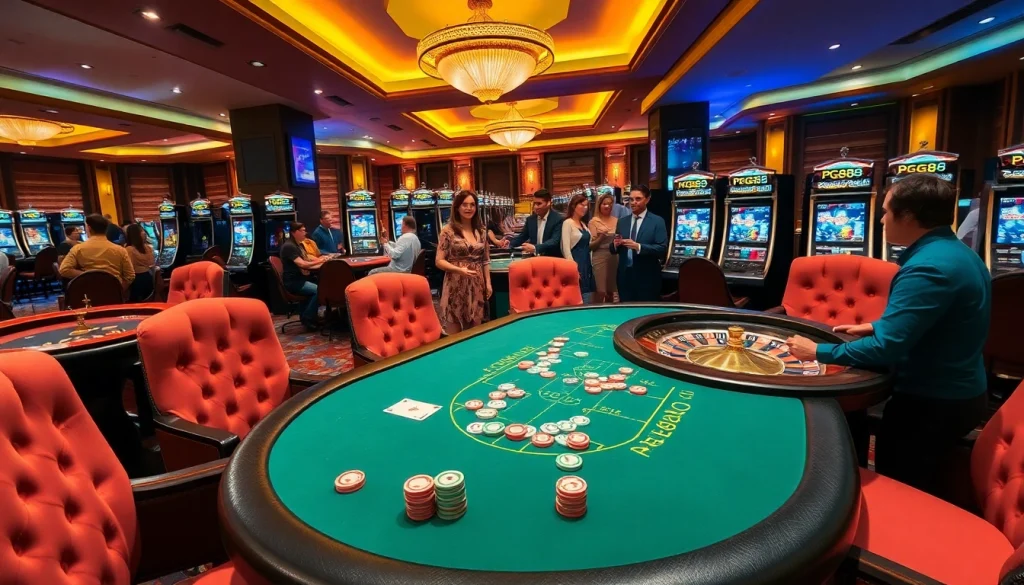 Exciting casino atmosphere featuring PG88-themed poker table and players engaged in gaming.