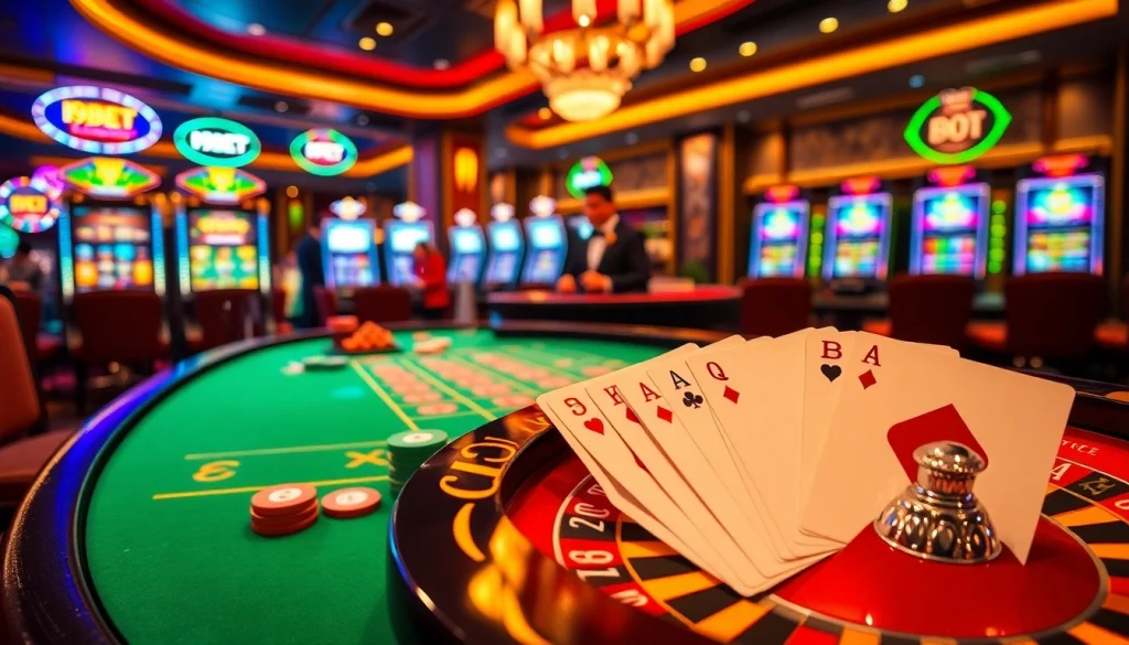 I9BET players enjoying a lively casino atmosphere with poker chips and a roulette wheel.