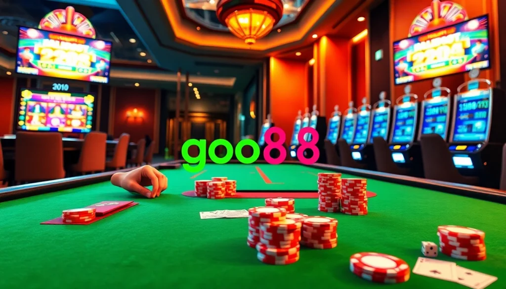 Engage in a thrilling game at the goo88 casino with vibrant tables and exciting betting slips.