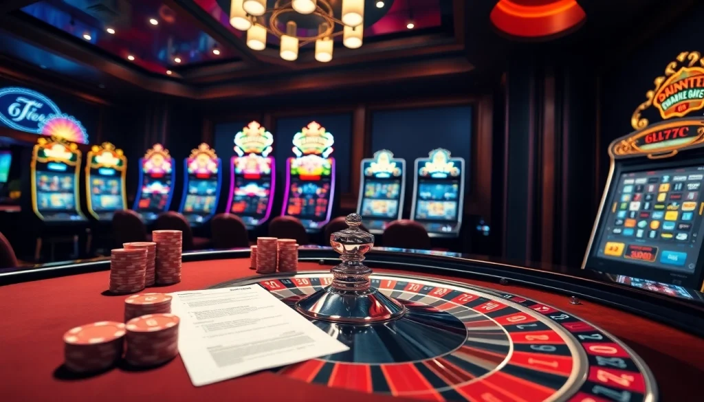 Experience the thrill of gambling with 6L777 in a luxurious casino environment featuring slot machines and a roulette wheel.