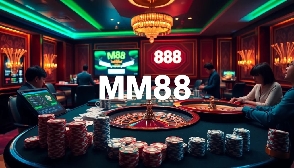 Players engaging in high-stakes betting at MM88 casino table with chips and cards.