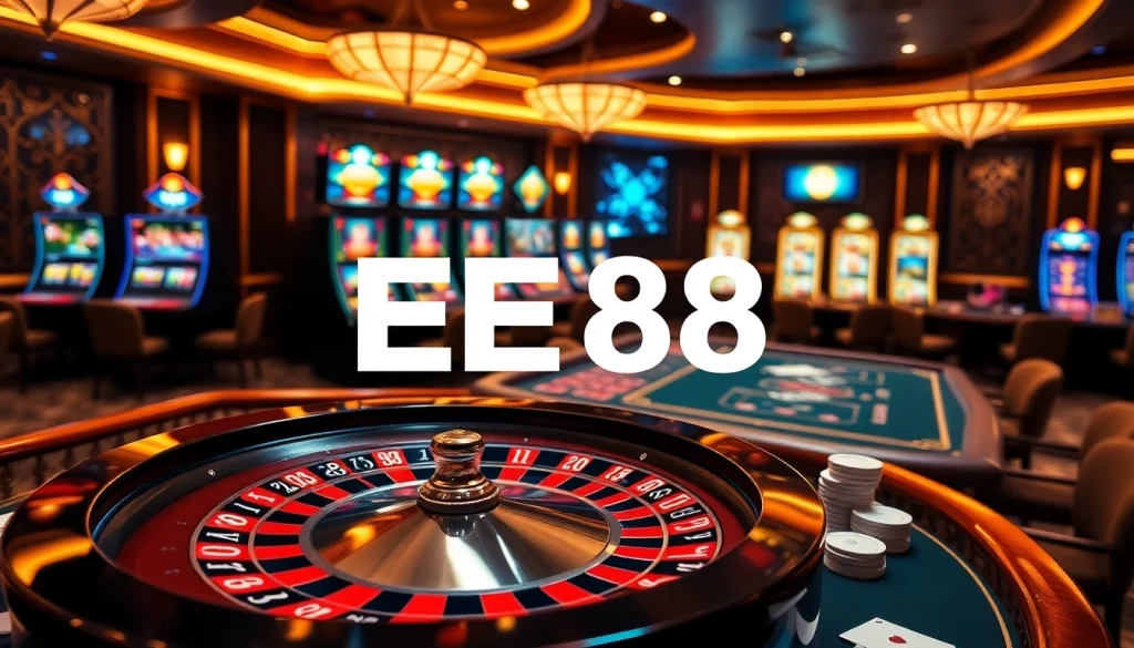 Experience the thrill of EE88 at a luxurious casino with poker tables, roulette wheels, and slot machines.