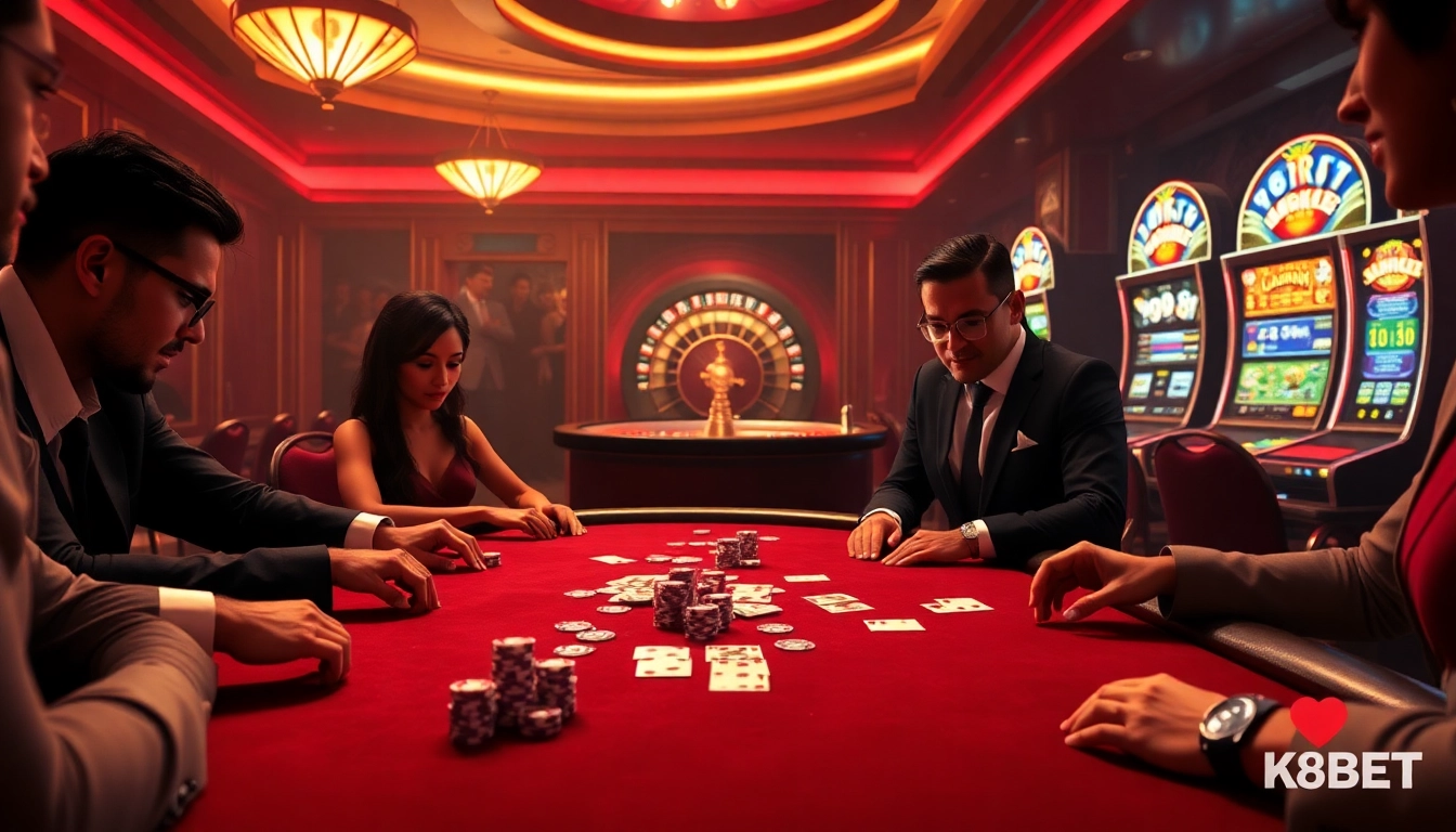 K8BET poker table scene with players engaging intensely over glimmering chips and cards.