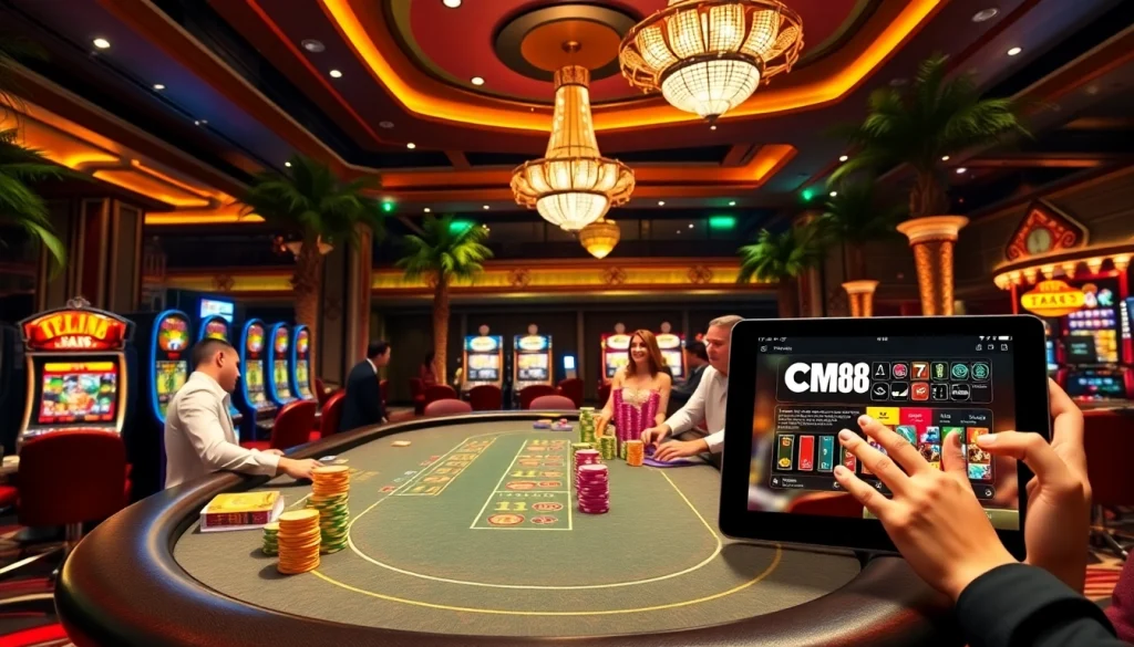 Engaging casino scene at CM88 with players at a blackjack table and vibrant slot machines.