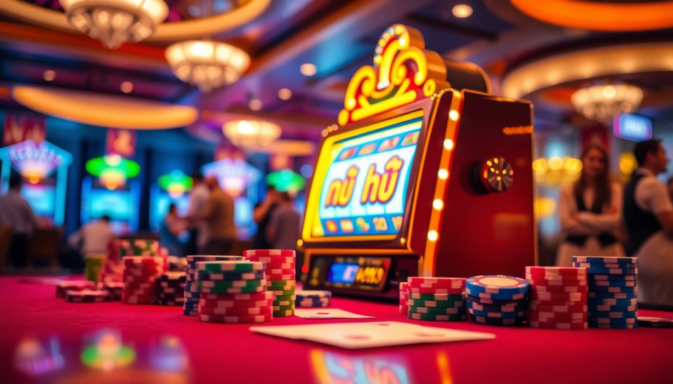 Engage with the nổ hũ slot machine experience amidst a luxurious casino setting filled with vibrant poker chips.