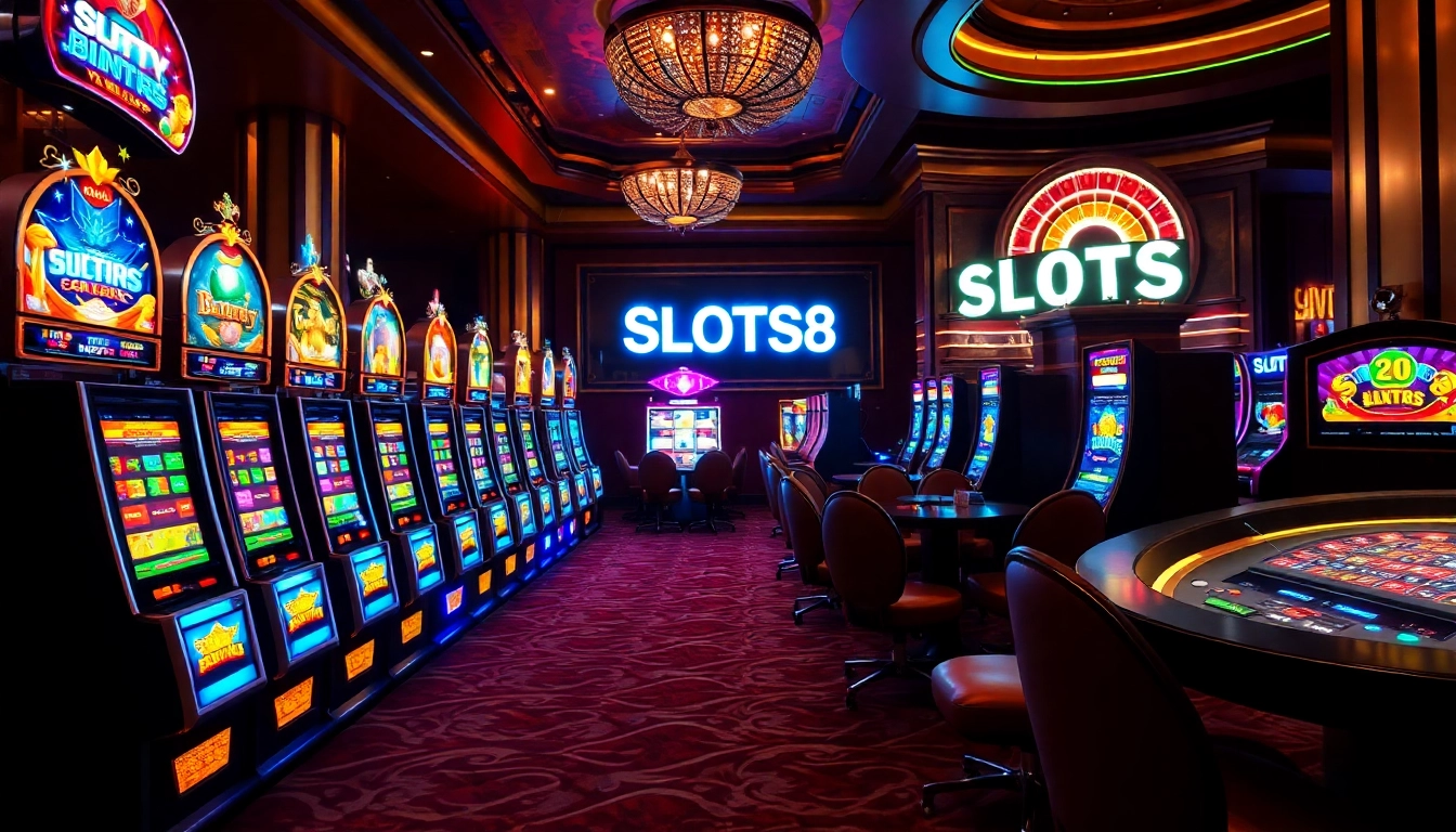 SLOTS8 vibrant slot machine area with lively decor and an inviting atmosphere.