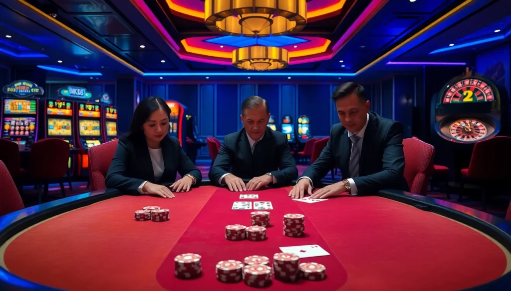 NK88 poker table setup with elegant players engaged in high-stakes excitement in a luxurious casino.