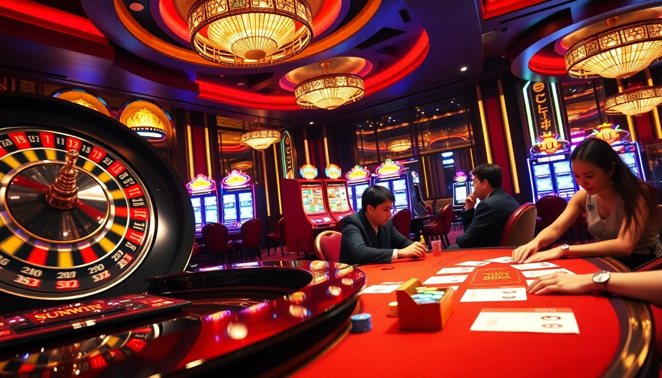 SUNWIN roulette wheel spinning in a vibrant casino scene with engaged players.