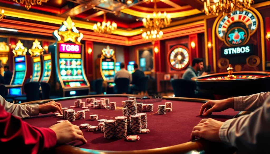 Experience the excitement of TG88 with players engaging intensely at a luxurious casino poker table.