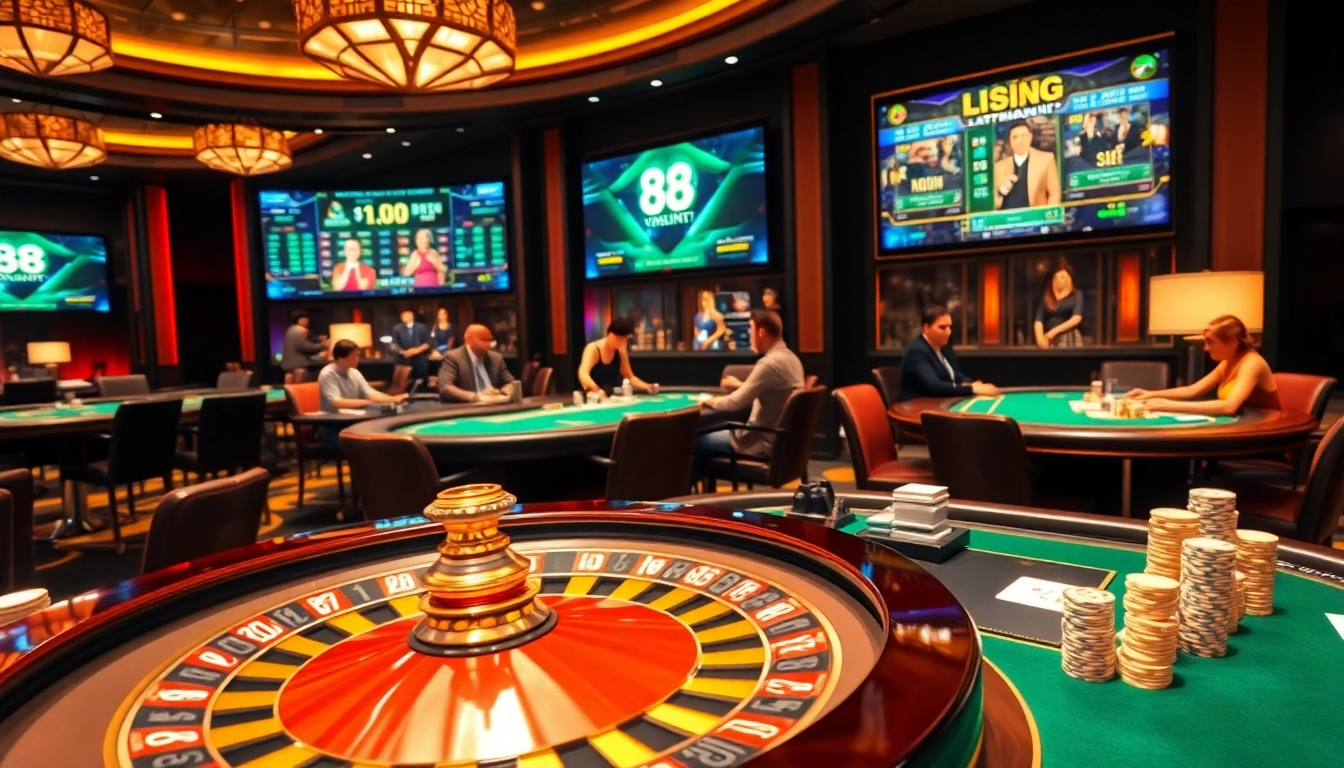 Exciting gaming action at 88i casino with vibrant roulette wheel, poker chips, and engaged players.