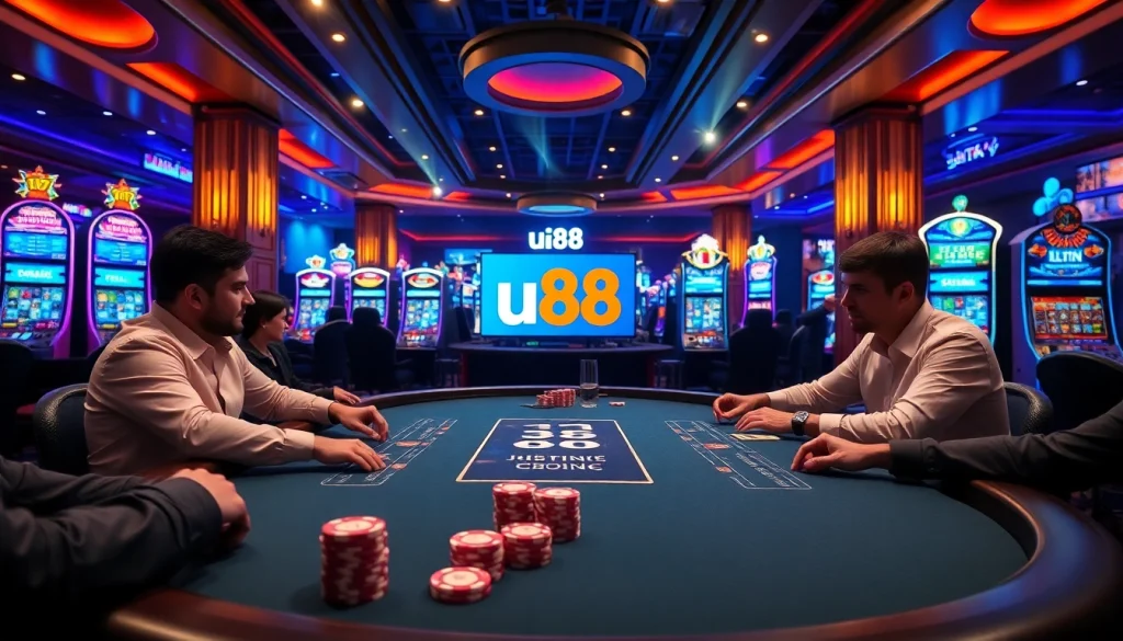 Players at a high-stakes poker table in a luxurious casino setting featuring u88 branding.