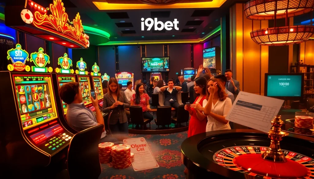 Experience excitement at i9bet with thrilling roulette, poker chips, and illuminated slot machines.
