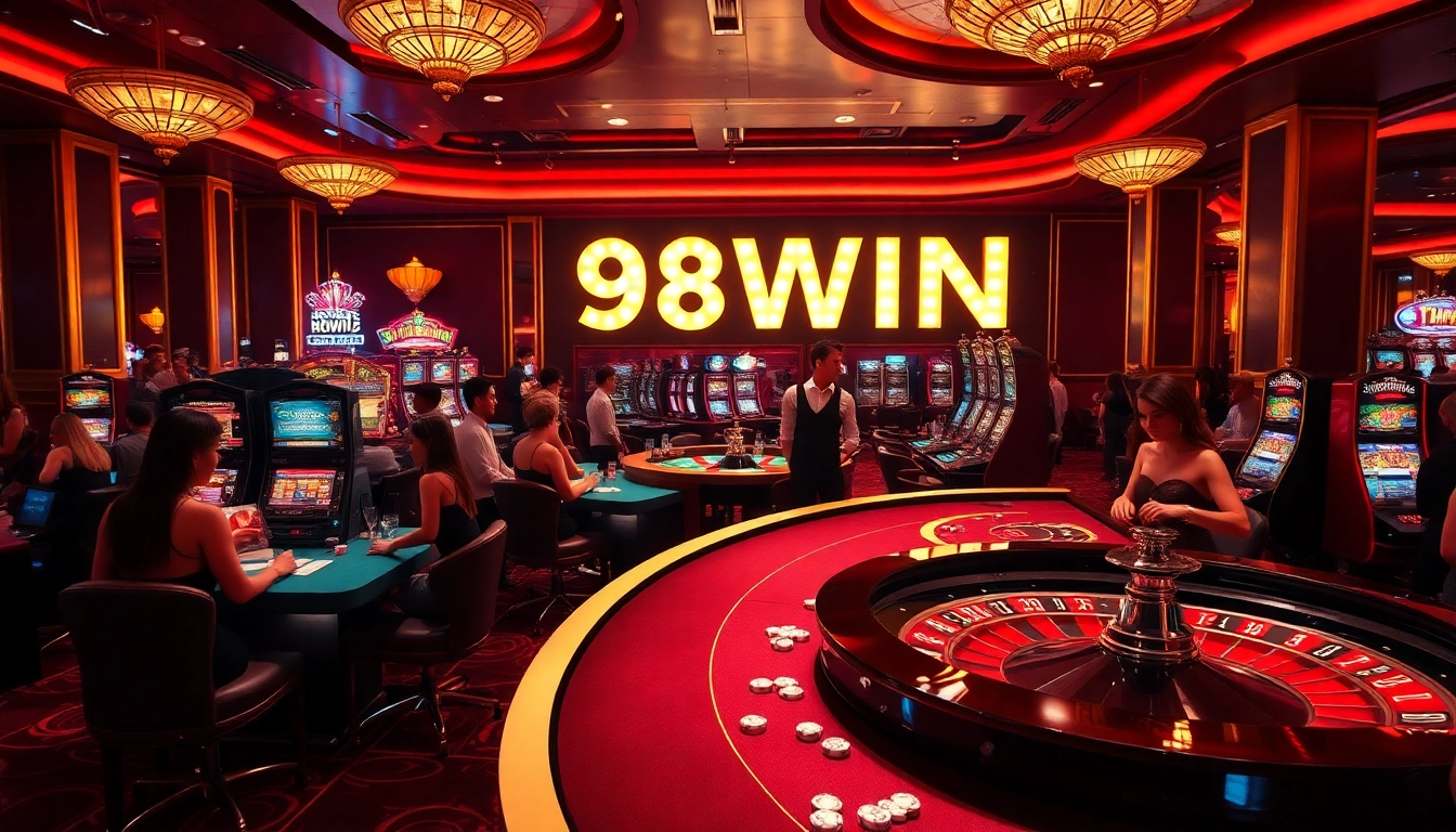 Gamblers celebrating wins at the vibrant 98WIN casino, showcasing excitement and high-stakes gaming.