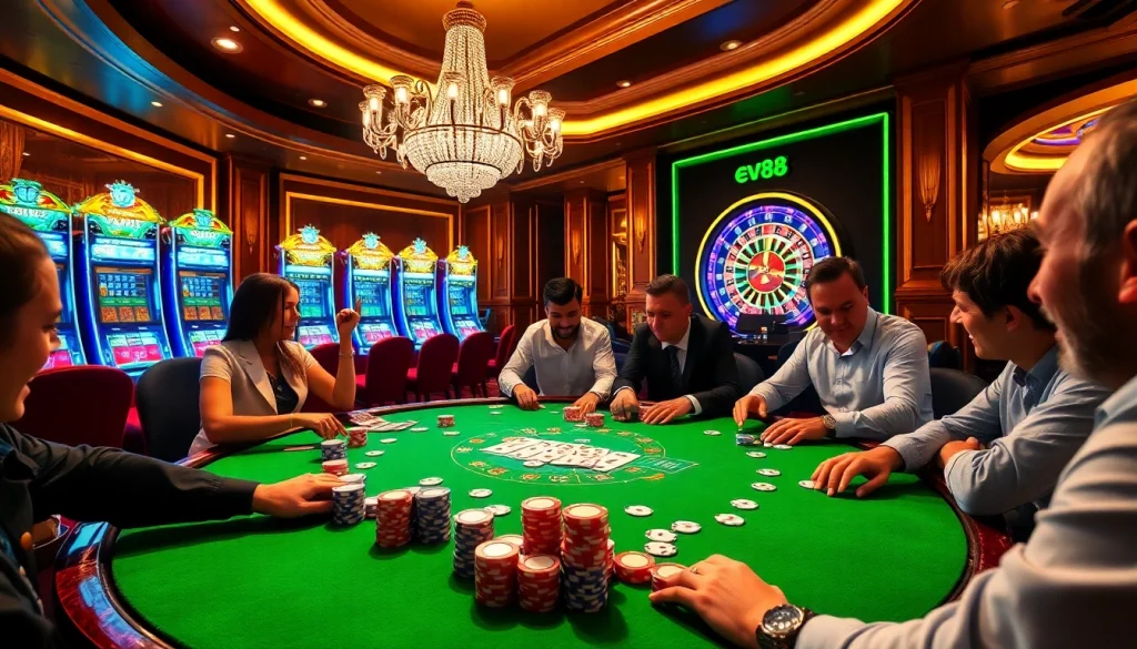 Engaging poker game at a luxurious casino featuring link ev88 excitement with colorful chips and cards.