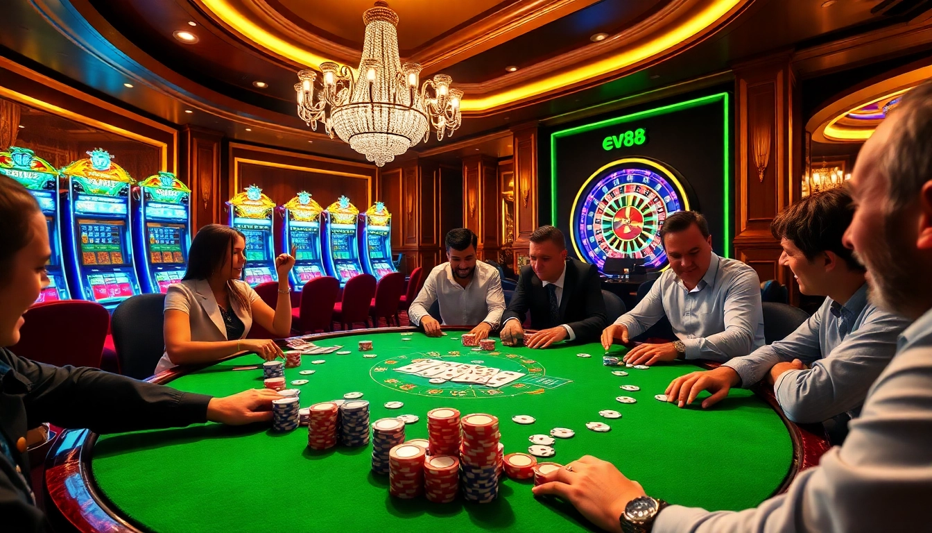 Engaging poker game at a luxurious casino featuring link ev88 excitement with colorful chips and cards.