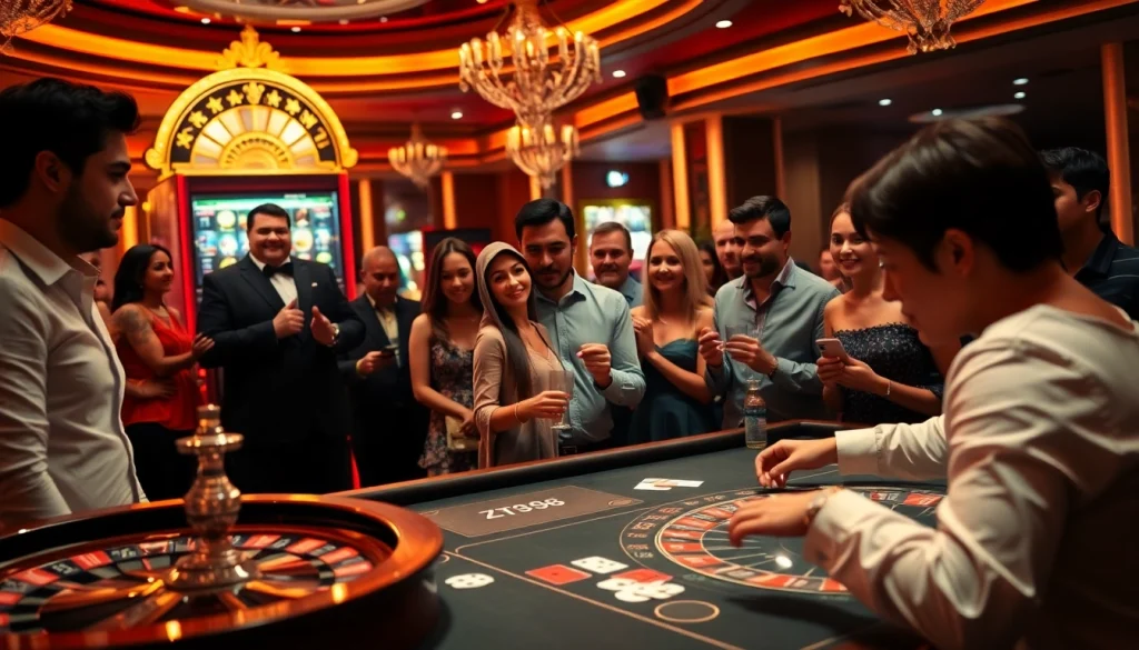 Players engaging in an exciting casino game experience at ZT9398, with vibrant poker chips and roulette.