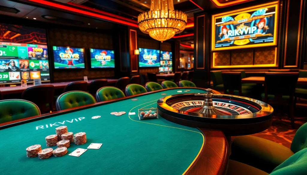 Experience thrilling gameplay at rikvip.gb.net with a luxurious casino table, roulette wheel, and vibrant digital displays.