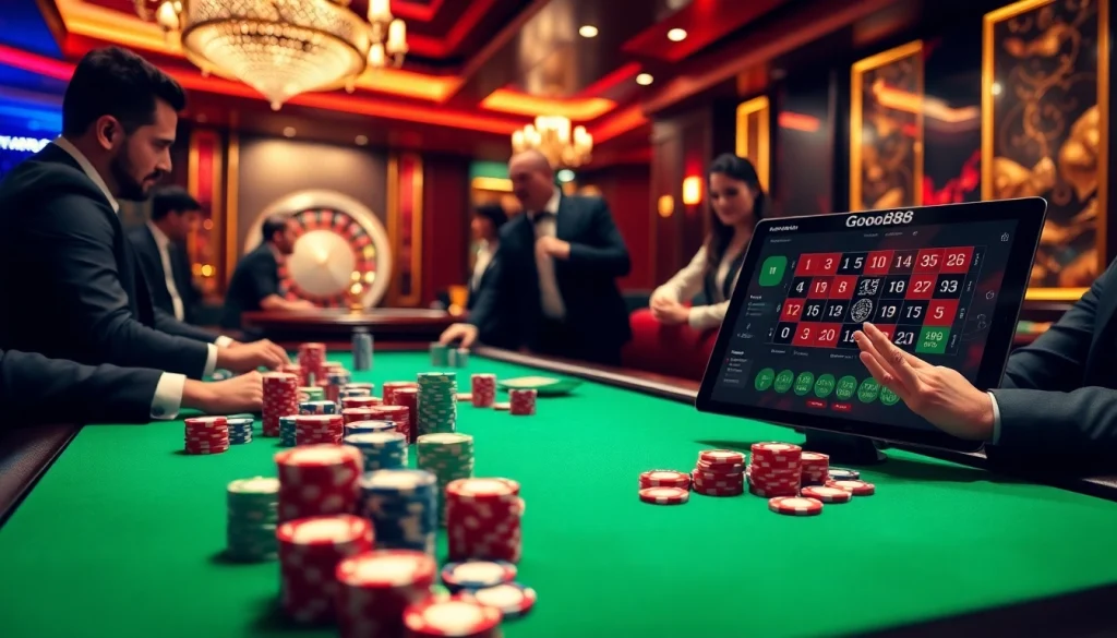 Good88 players engage at a luxurious casino poker table, surrounded by vibrant chips and cards.